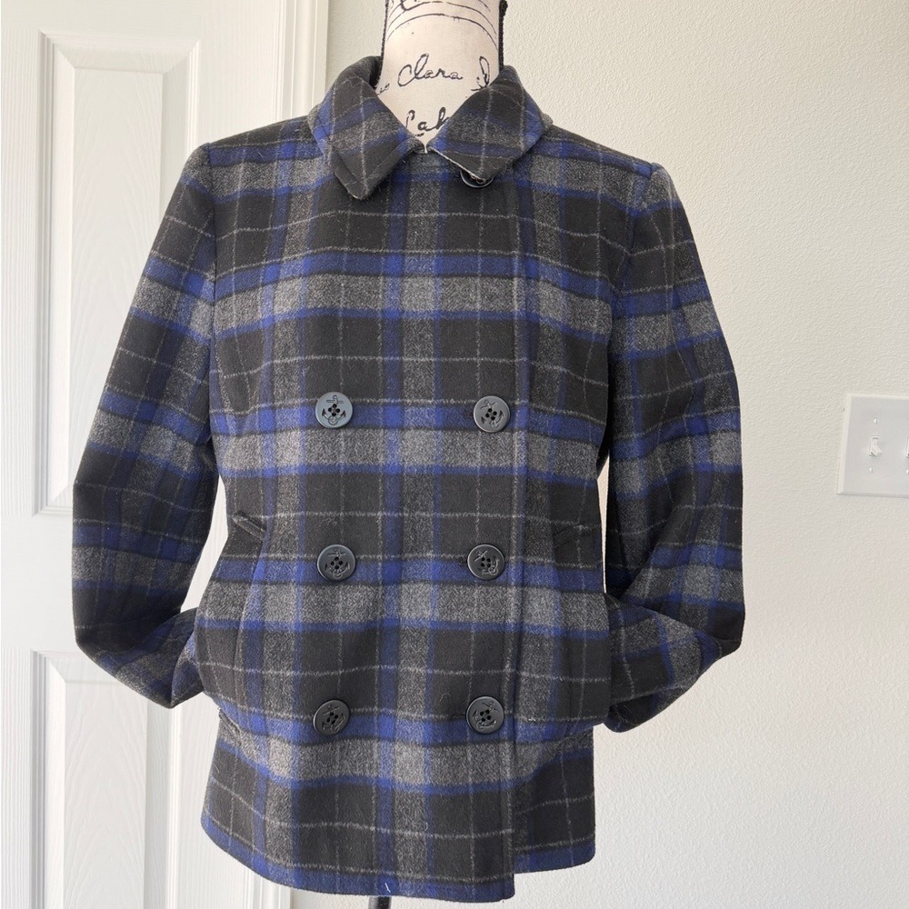 J.Crew Blue Grey Plaid‎ Wool Blend Pea Coat Jacket E2645 Size 8 Dark Academia - Picture 9 of 16
